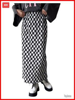 Plaid Elastic Waist Straight Long Skirt with Slit Hem
